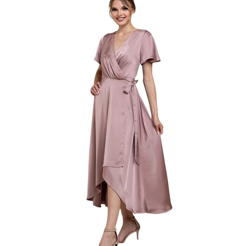 Soieblu Lexi Short Satin Wrap Dress Blush Party Cocktail Bridesmaid Size Medium